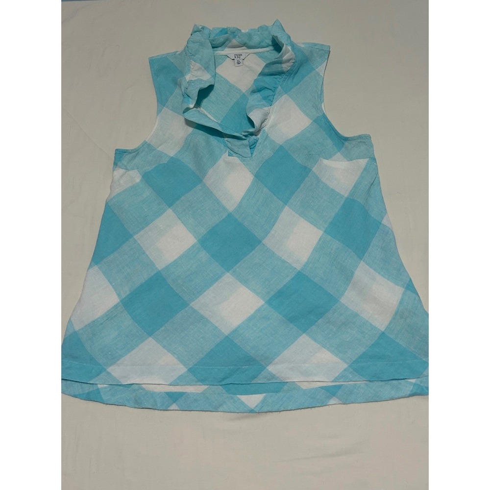 Crown & Ivy Woman XL Blue White teal Plaid 100% Linen Ruffle Neck Sleeveless Top